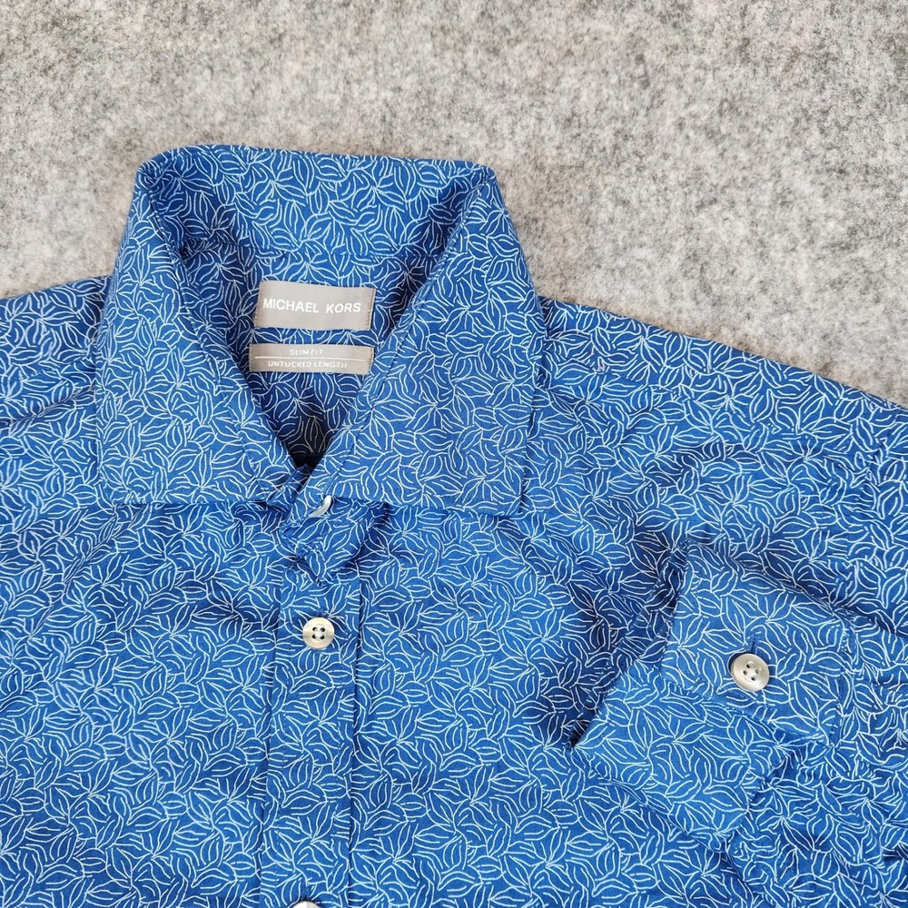 Michael Kors Button Down Dress Shirt Men M Blue Leaf Petal Slim Airsoft Untucked